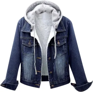 Womens Denim Jacket Sherpa Fleece Lined Jean Jacket Coats With Hood Oversized Fashion Hoodie Trucker Jacket Coat