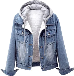 Womens Denim Jacket Sherpa Fleece Lined Jean Jacket Coats With Hood Oversized Fashion Hoodie Trucker Jacket Coat