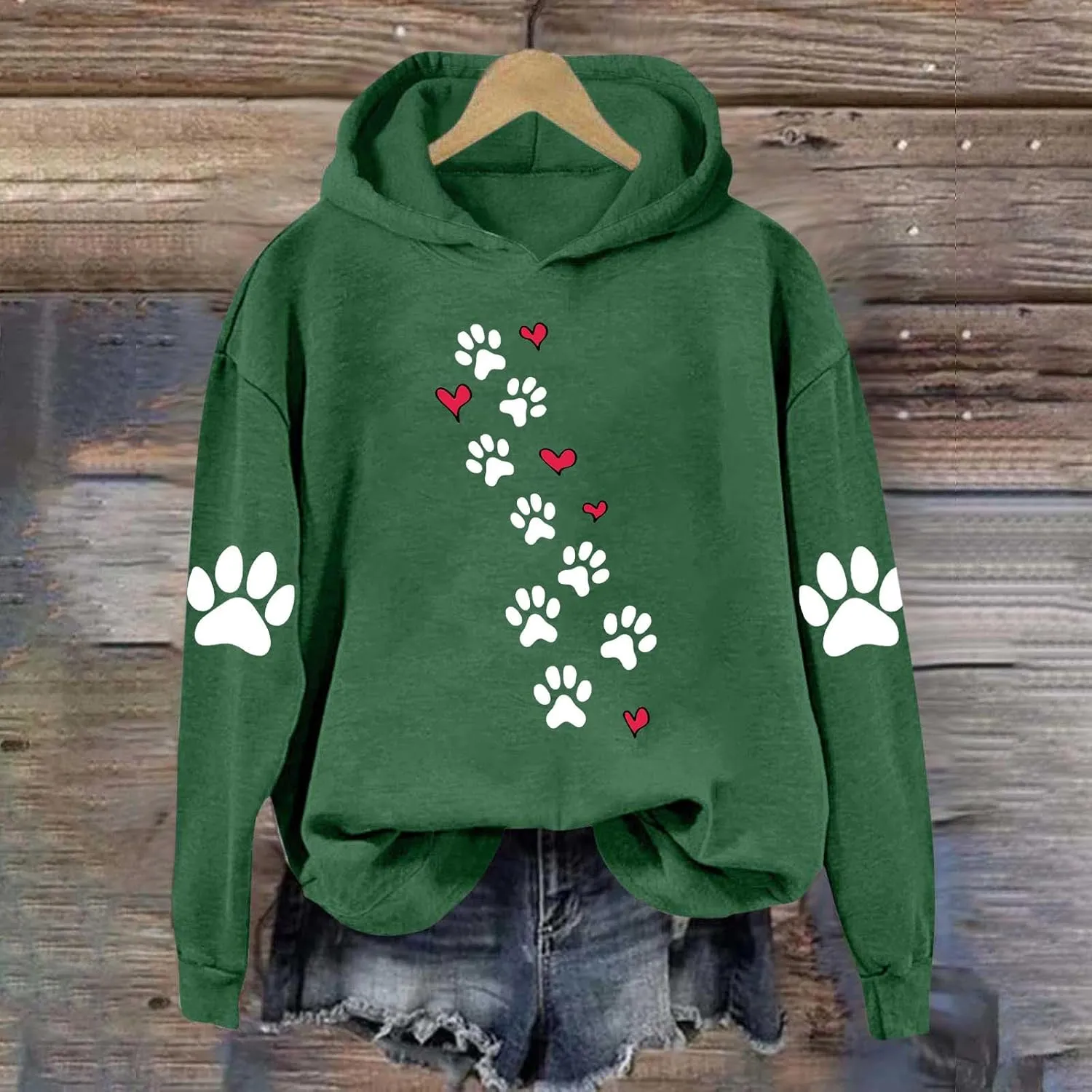 Womens Dog Paw Print Hoodies Cute Funny Heart Graphic Sweatshirts Casual Loose Fit Long Sleeve Hooded Pullover Tops