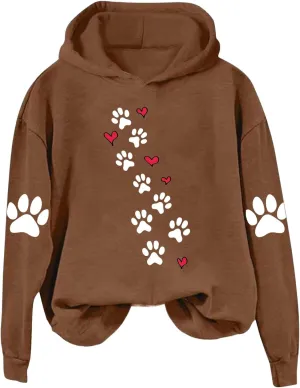 Womens Dog Paw Print Hoodies Cute Funny Heart Graphic Sweatshirts Casual Loose Fit Long Sleeve Hooded Pullover Tops