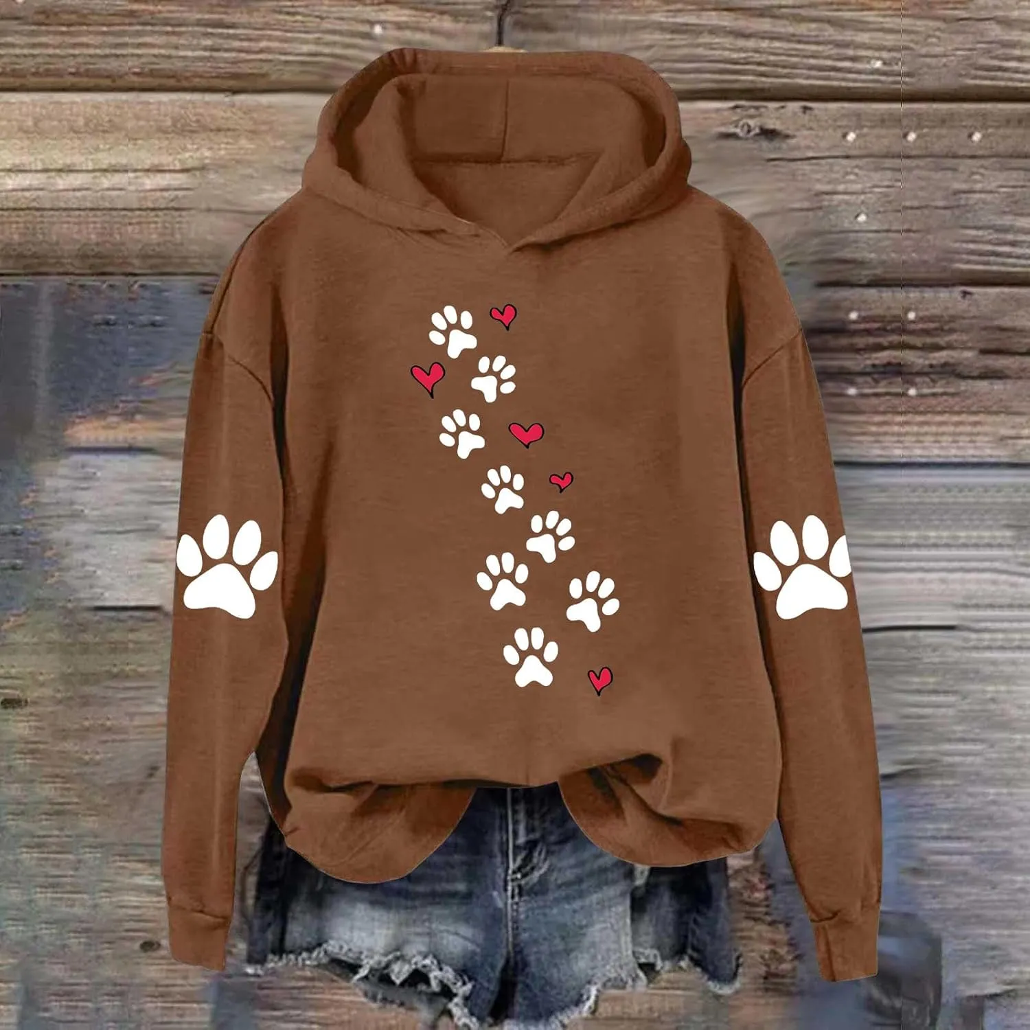 Womens Dog Paw Print Hoodies Cute Funny Heart Graphic Sweatshirts Casual Loose Fit Long Sleeve Hooded Pullover Tops