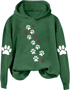 Womens Dog Paw Print Hoodies Cute Funny Heart Graphic Sweatshirts Casual Loose Fit Long Sleeve Hooded Pullover Tops