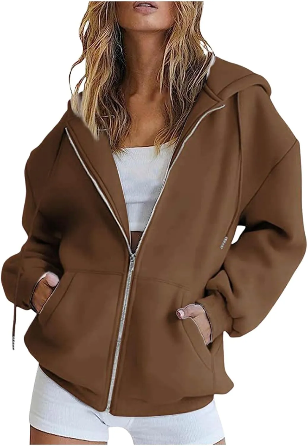 Women's Drawstring Zip Up Cute Hoodies Fall Jacket Oversized Casual Sweatshirts with Pocket 2025 Trendy