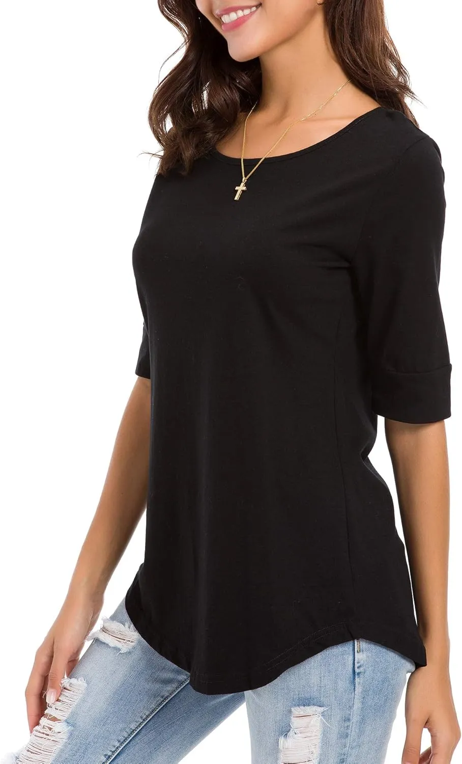 Womens Elbow Length Sleeve Tops Summer Fashion Cotton Blouses Casual Tunic Tee Shirts