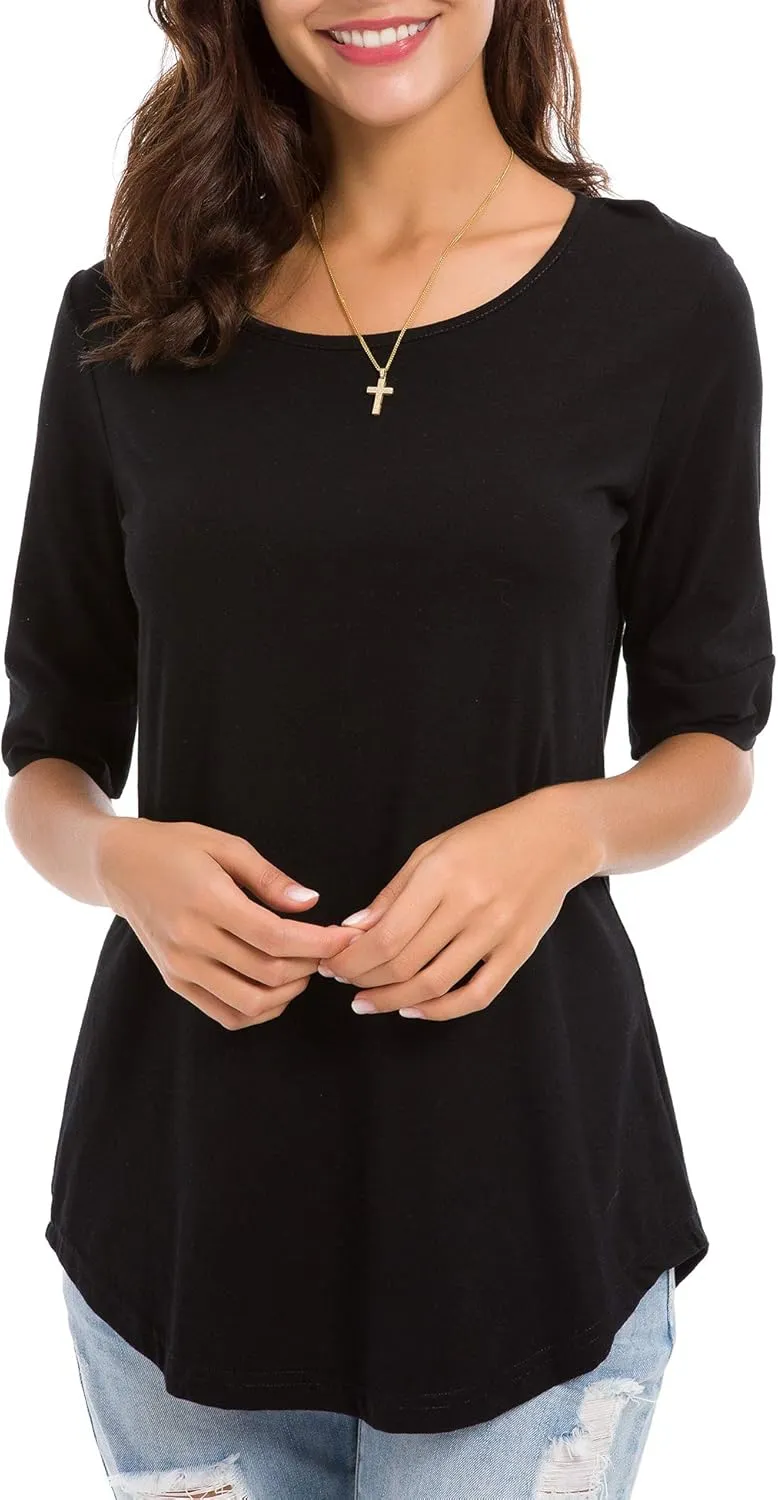 Womens Elbow Length Sleeve Tops Summer Fashion Cotton Blouses Casual Tunic Tee Shirts