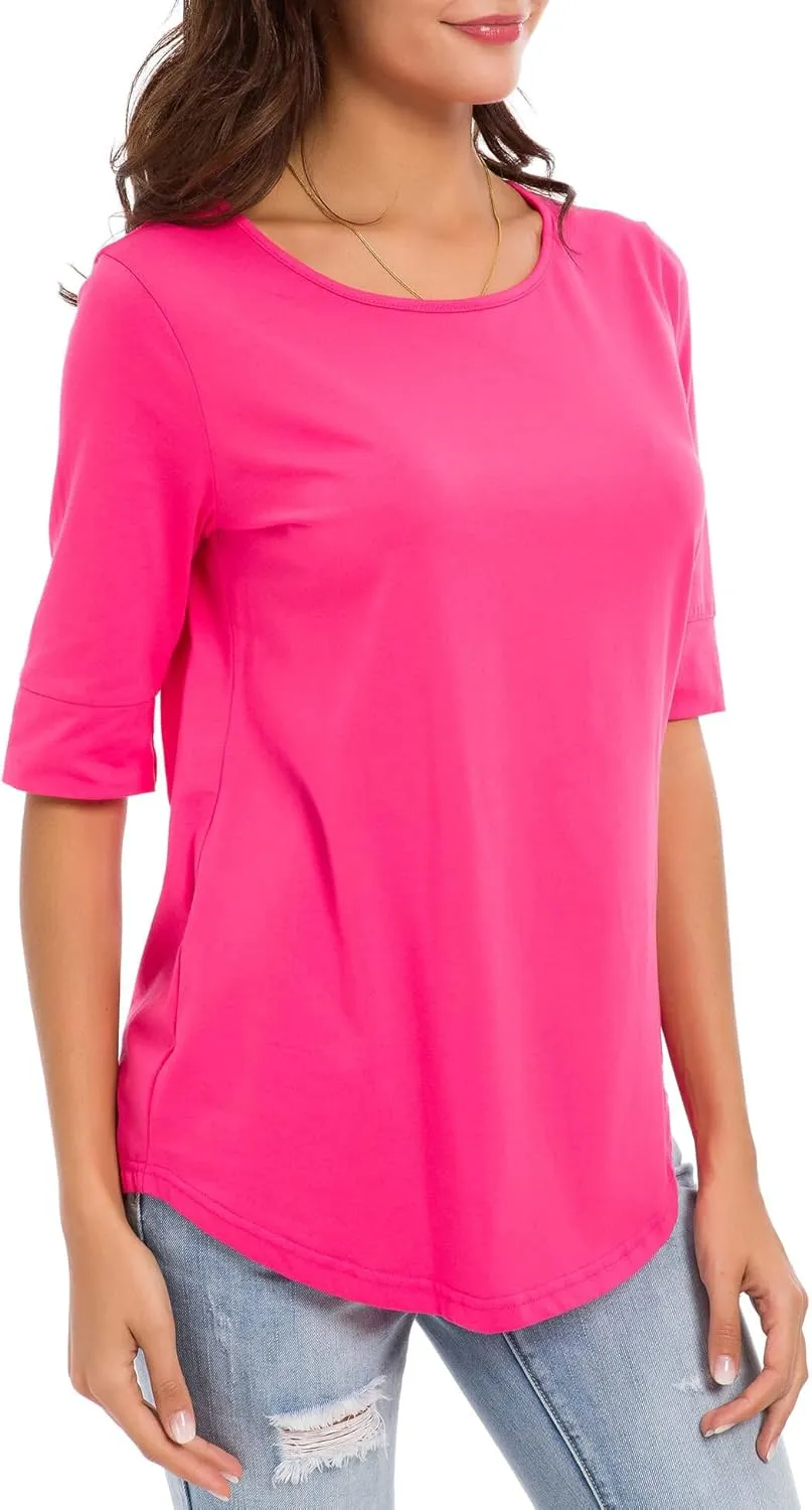 Womens Elbow Length Sleeve Tops Summer Fashion Cotton Blouses Casual Tunic Tee Shirts