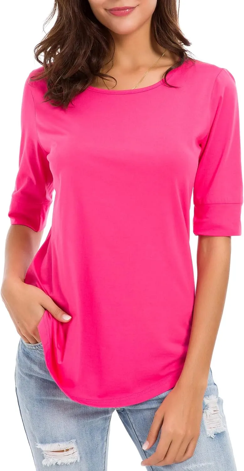 Womens Elbow Length Sleeve Tops Summer Fashion Cotton Blouses Casual Tunic Tee Shirts
