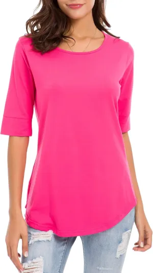 Womens Elbow Length Sleeve Tops Summer Fashion Cotton Blouses Casual Tunic Tee Shirts