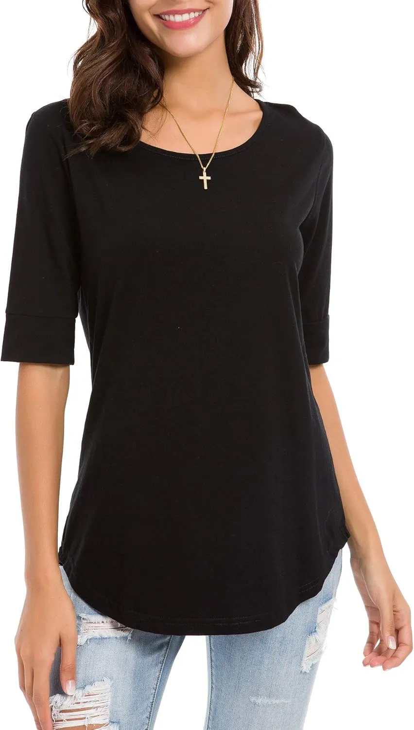 Womens Elbow Length Sleeve Tops Summer Fashion Cotton Blouses Casual Tunic Tee Shirts