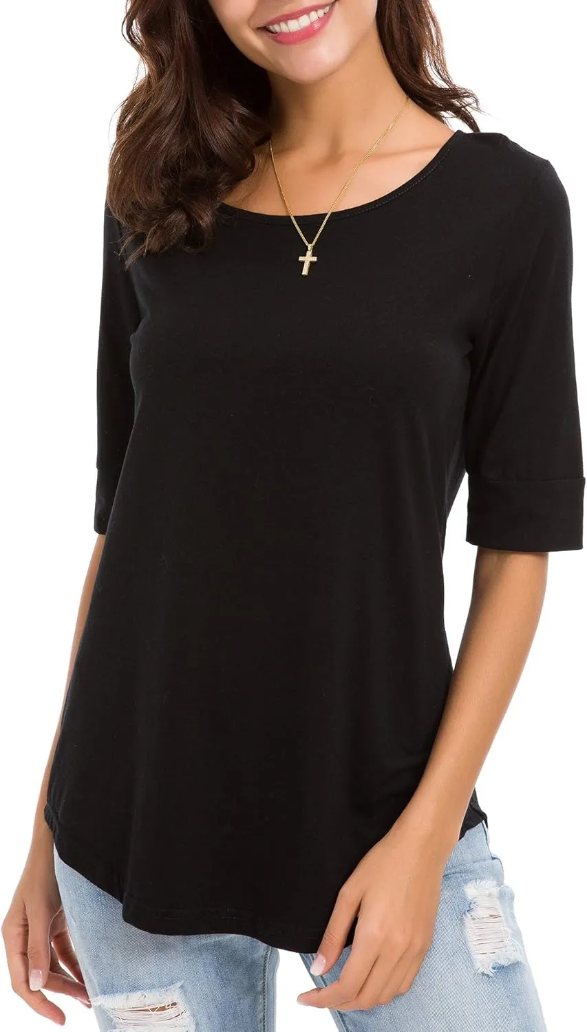 Womens Elbow Length Sleeve Tops Summer Fashion Cotton Blouses Casual Tunic Tee Shirts