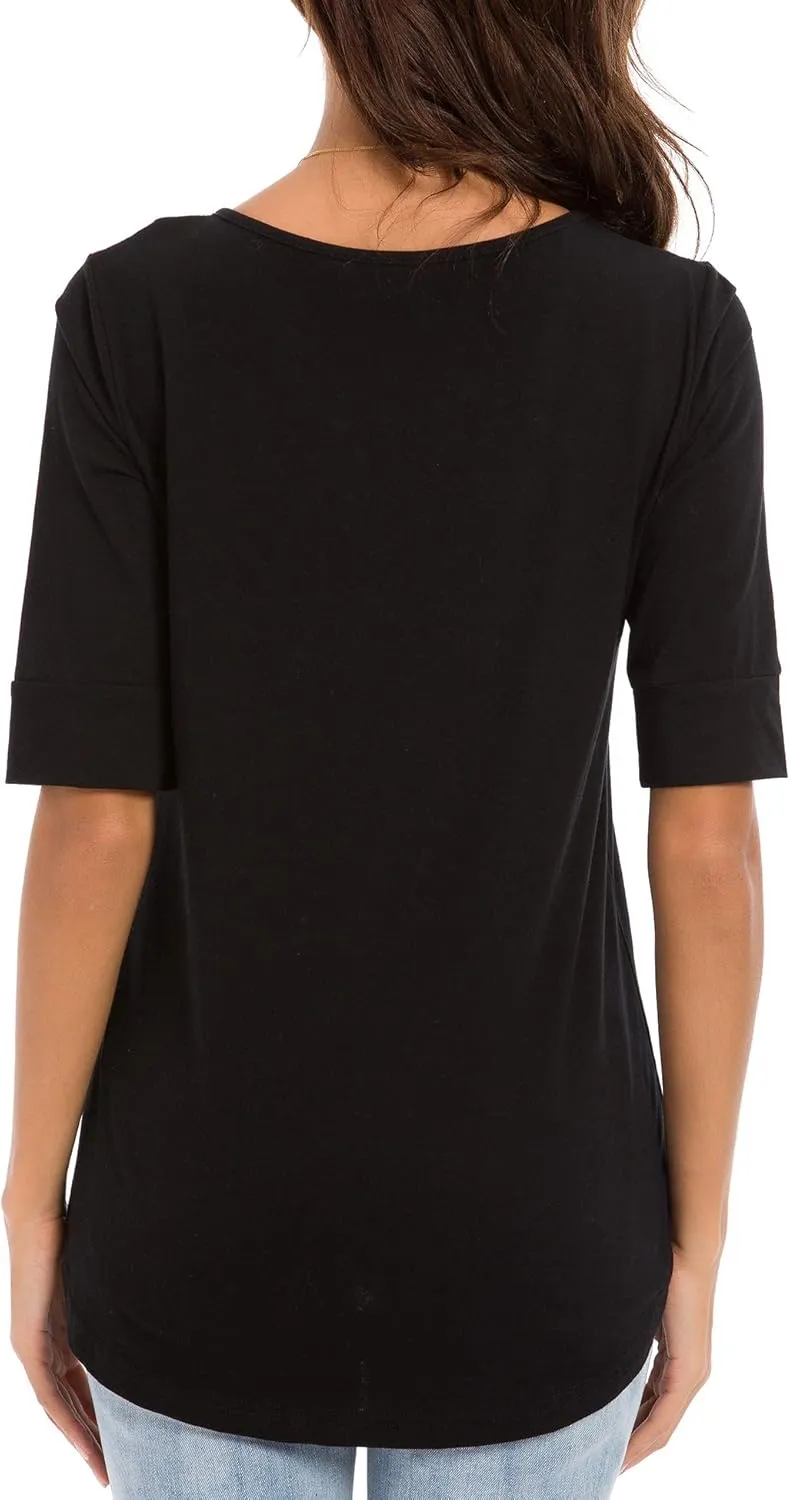 Womens Elbow Length Sleeve Tops Summer Fashion Cotton Blouses Casual Tunic Tee Shirts