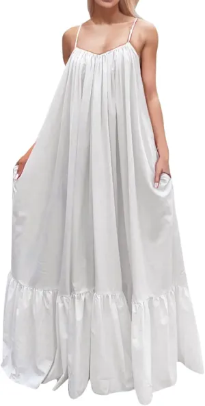 Womens Elegant Sleeveless Color Block Pleated Maxi Dress Low Cut Patchwork Swing Dress High Waist A Line Flowy Sling Dress