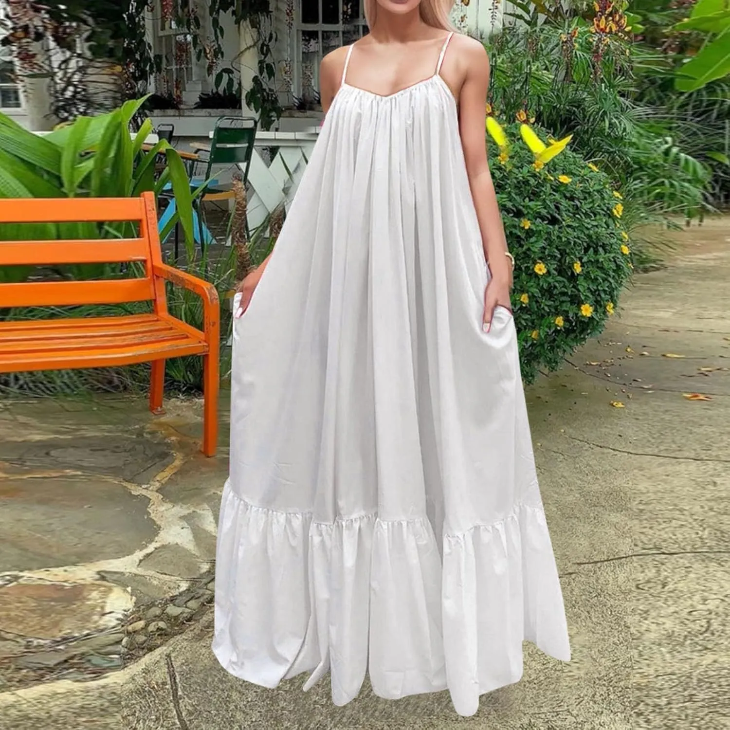 Womens Elegant Sleeveless Color Block Pleated Maxi Dress Low Cut Patchwork Swing Dress High Waist A Line Flowy Sling Dress