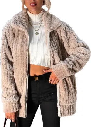 Women's Fleece Jacket Women Full Zip Long Sleeve Lapel Collar Sherpa Coat Outerwear with Pockets (S-5XL)
