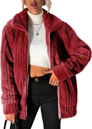 Women's Fleece Jacket Women Full Zip Long Sleeve Lapel Collar Sherpa Coat Outerwear with Pockets (S-5XL)