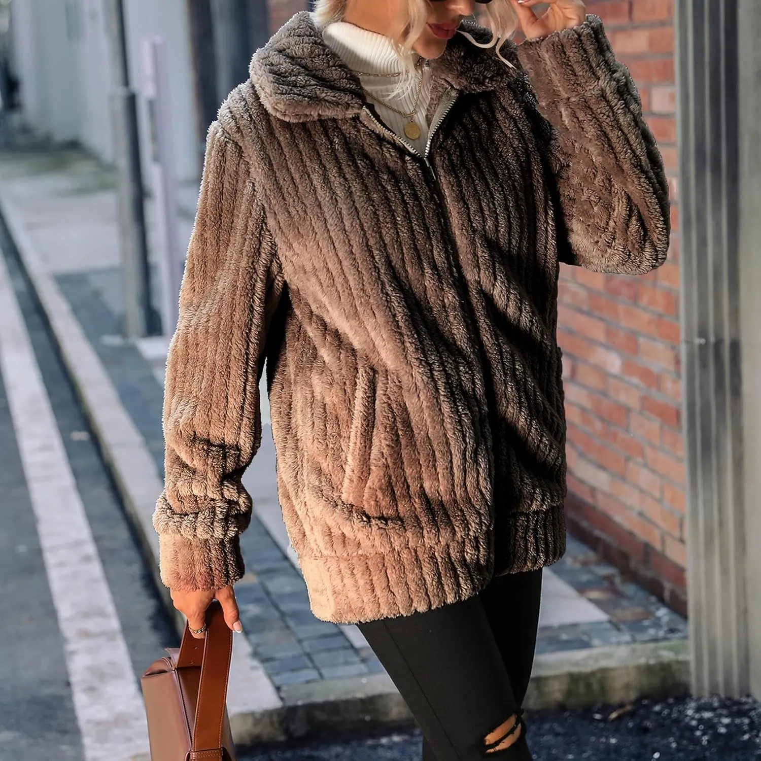 Women's Fleece Jacket Women Full Zip Long Sleeve Lapel Collar Sherpa Coat Outerwear with Pockets (S-5XL)