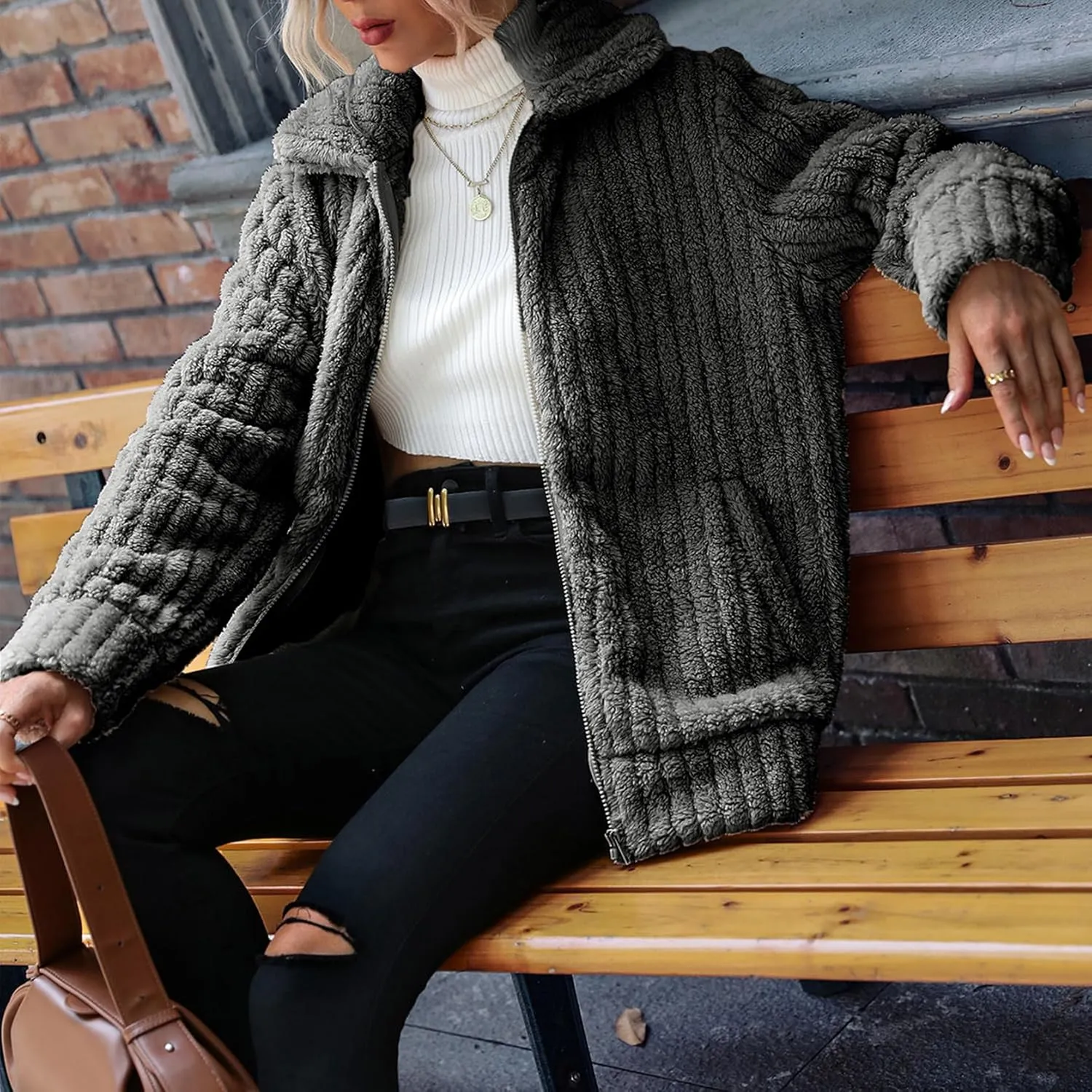Women's Fleece Jacket Women Full Zip Long Sleeve Lapel Collar Sherpa Coat Outerwear with Pockets (S-5XL)