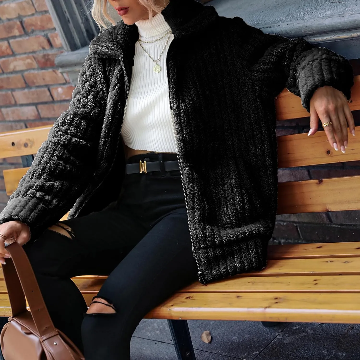 Women's Fleece Jacket Women Full Zip Long Sleeve Lapel Collar Sherpa Coat Outerwear with Pockets (S-5XL)