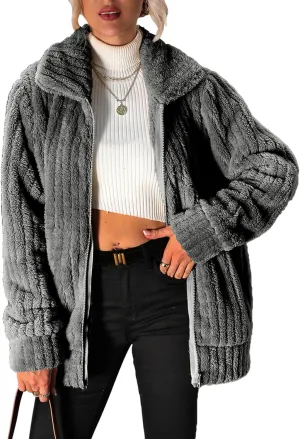 Women's Fleece Jacket Women Full Zip Long Sleeve Lapel Collar Sherpa Coat Outerwear with Pockets (S-5XL)