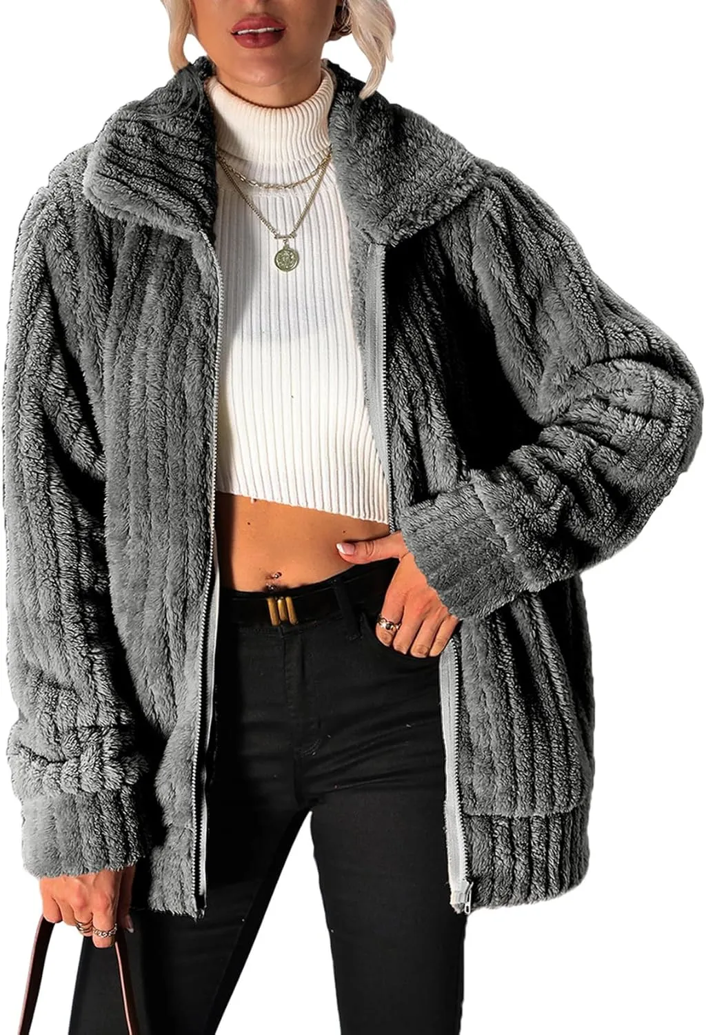 Women's Fleece Jacket Women Full Zip Long Sleeve Lapel Collar Sherpa Coat Outerwear with Pockets (S-5XL)