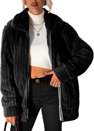 Women's Fleece Jacket Women Full Zip Long Sleeve Lapel Collar Sherpa Coat Outerwear with Pockets (S-5XL)