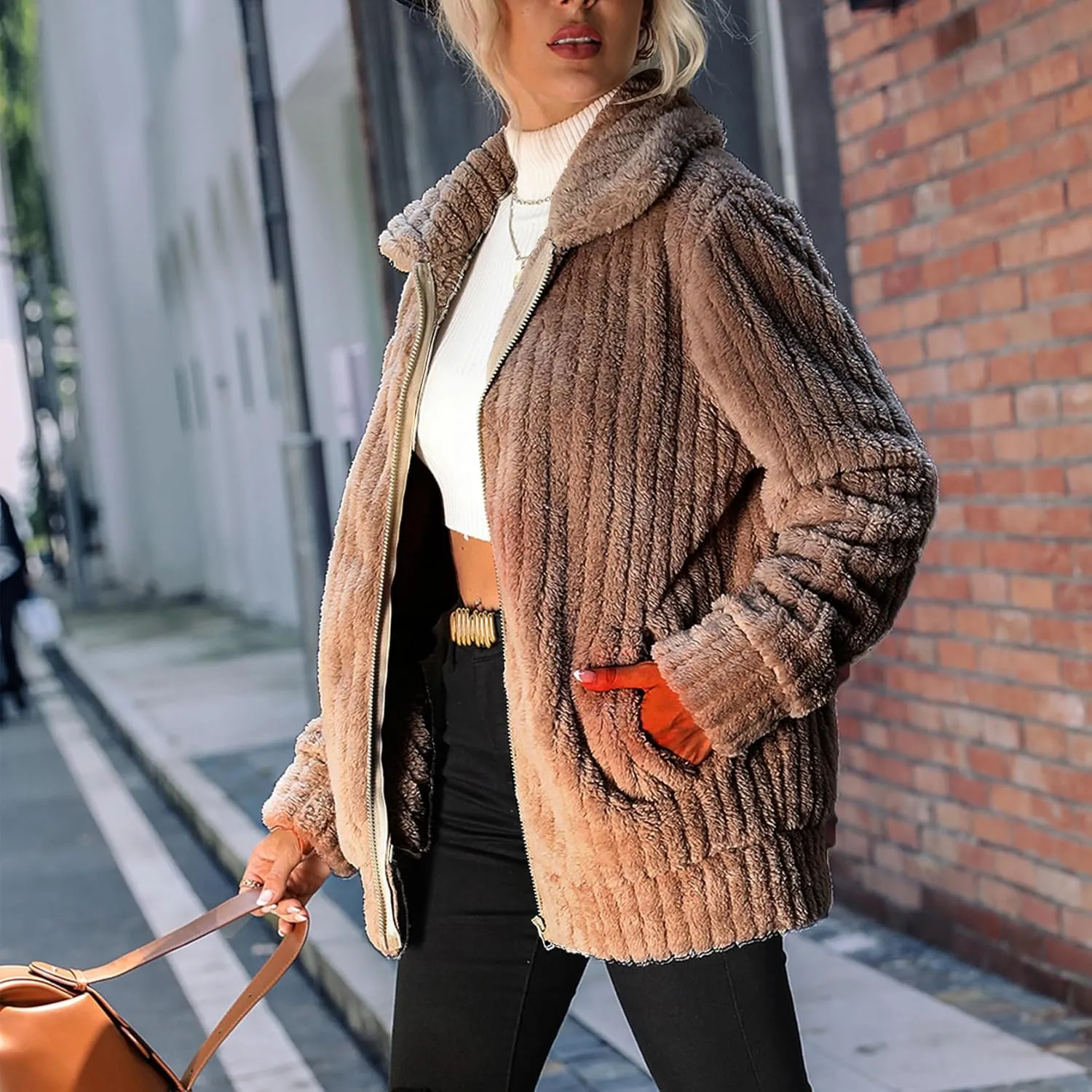 Women's Fleece Jacket Women Full Zip Long Sleeve Lapel Collar Sherpa Coat Outerwear with Pockets (S-5XL)