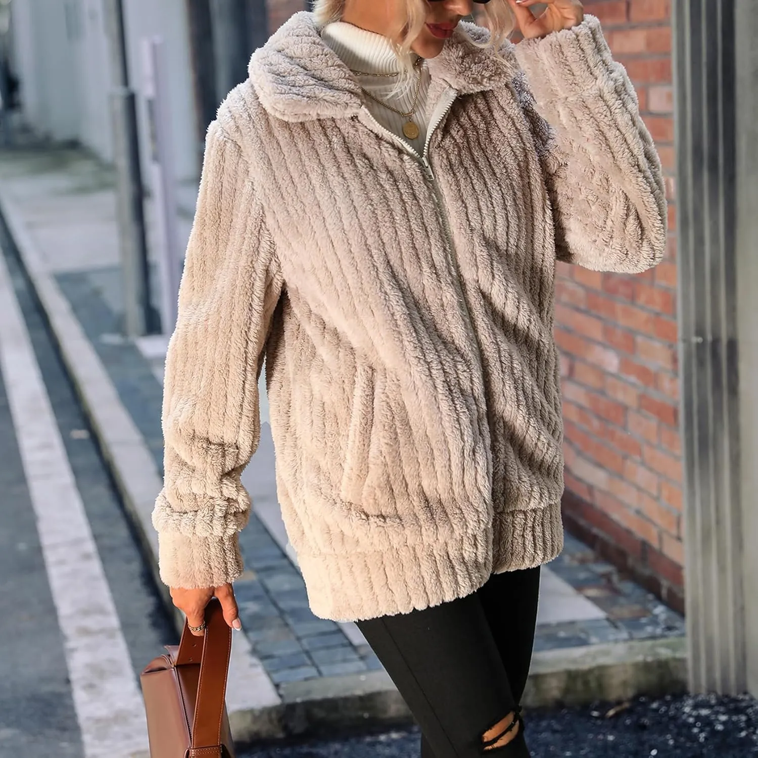 Women's Fleece Jacket Women Full Zip Long Sleeve Lapel Collar Sherpa Coat Outerwear with Pockets (S-5XL)