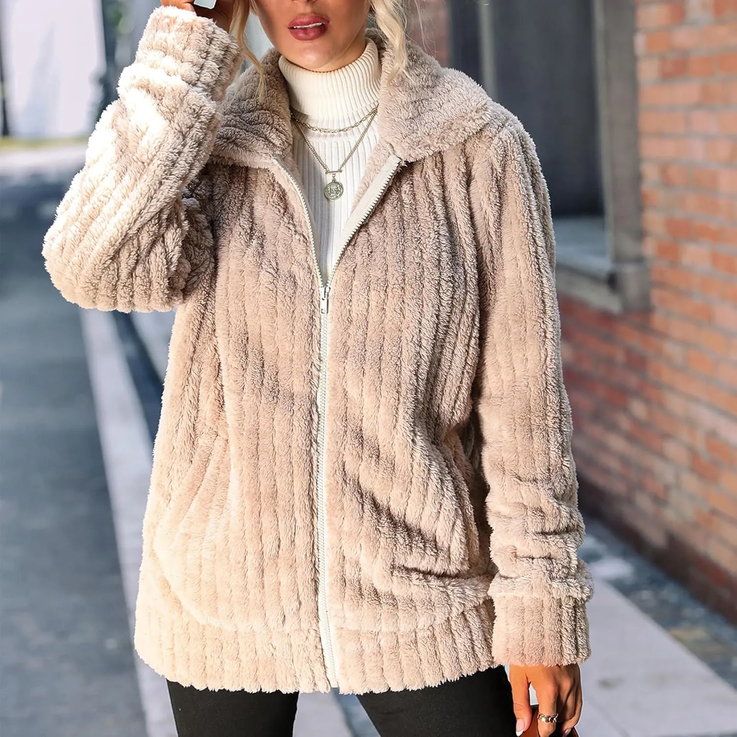 Women's Fleece Jacket Women Full Zip Long Sleeve Lapel Collar Sherpa Coat Outerwear with Pockets (S-5XL)
