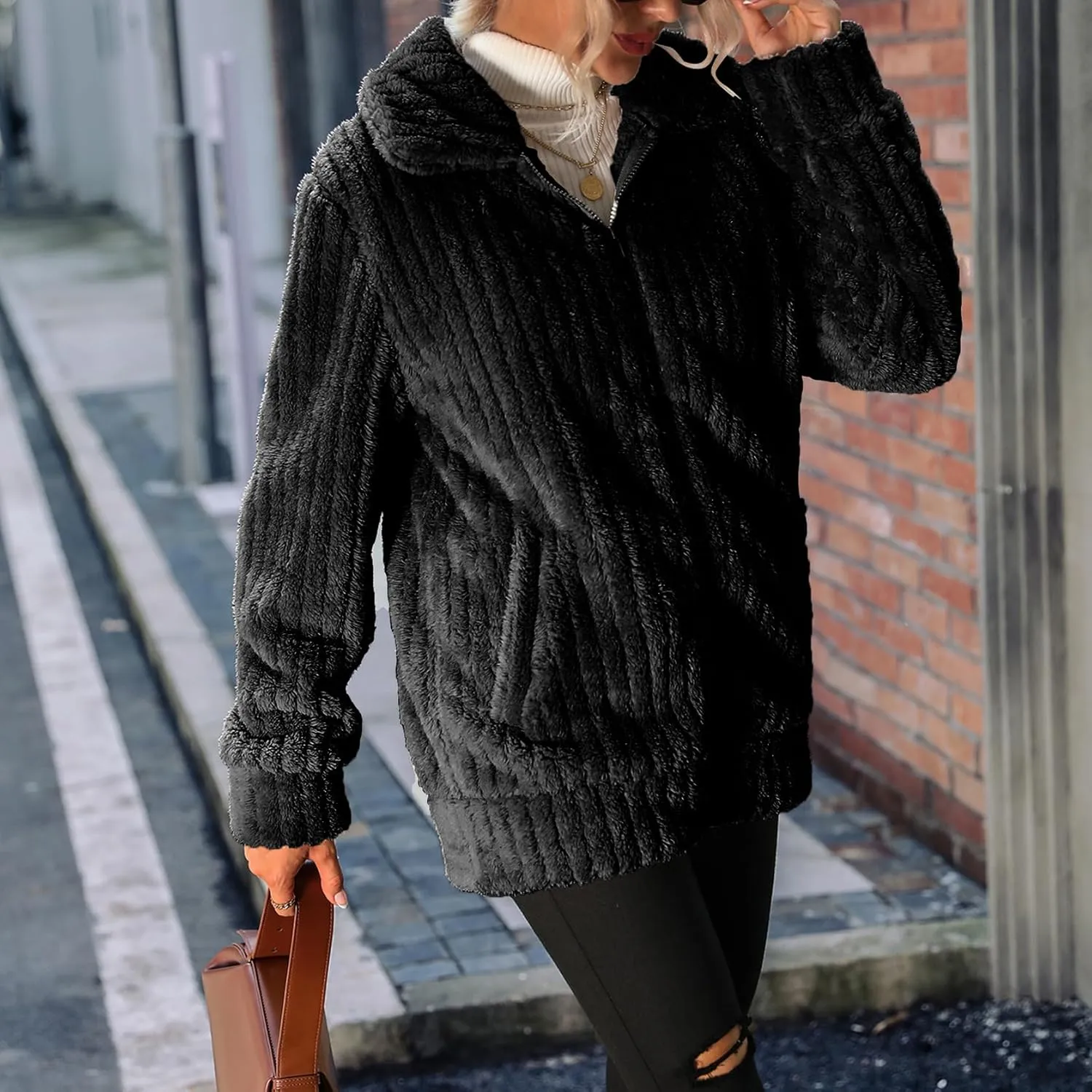 Women's Fleece Jacket Women Full Zip Long Sleeve Lapel Collar Sherpa Coat Outerwear with Pockets (S-5XL)