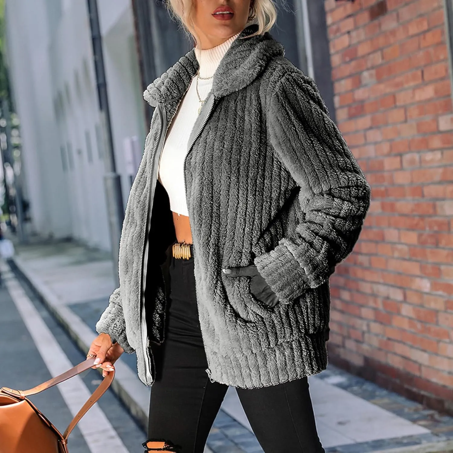 Women's Fleece Jacket Women Full Zip Long Sleeve Lapel Collar Sherpa Coat Outerwear with Pockets (S-5XL)