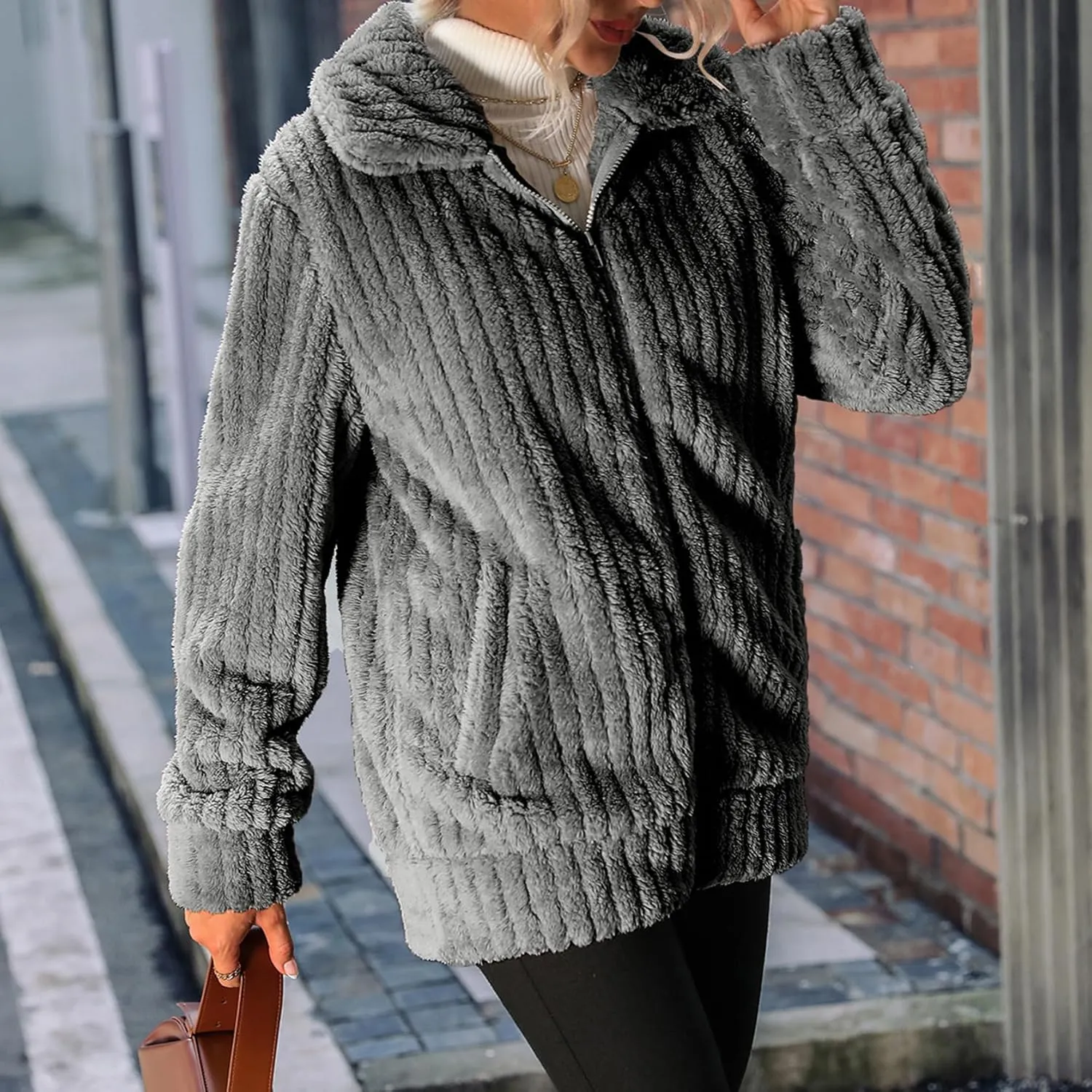 Women's Fleece Jacket Women Full Zip Long Sleeve Lapel Collar Sherpa Coat Outerwear with Pockets (S-5XL)