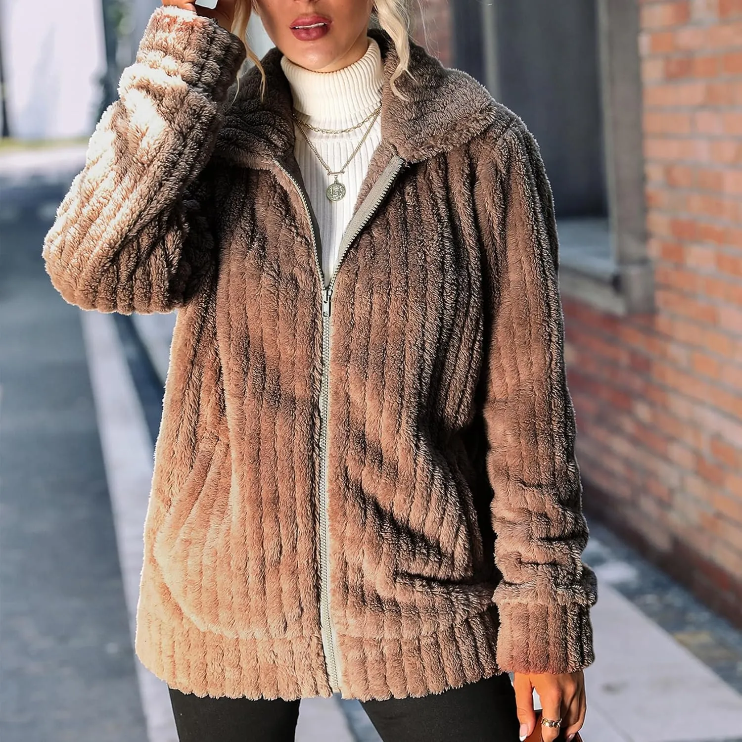 Women's Fleece Jacket Women Full Zip Long Sleeve Lapel Collar Sherpa Coat Outerwear with Pockets (S-5XL)