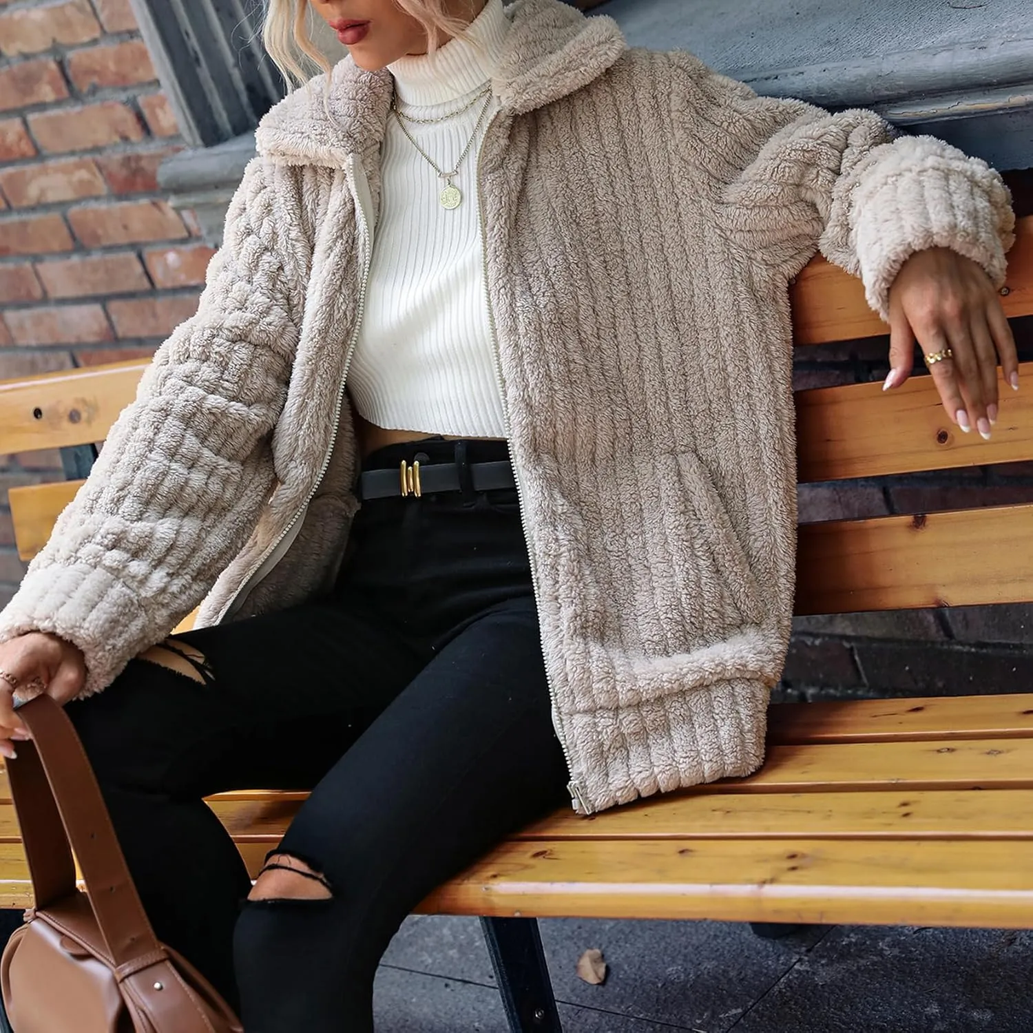 Women's Fleece Jacket Women Full Zip Long Sleeve Lapel Collar Sherpa Coat Outerwear with Pockets (S-5XL)