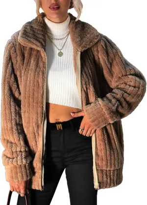 Women's Fleece Jacket Women Full Zip Long Sleeve Lapel Collar Sherpa Coat Outerwear with Pockets (S-5XL)