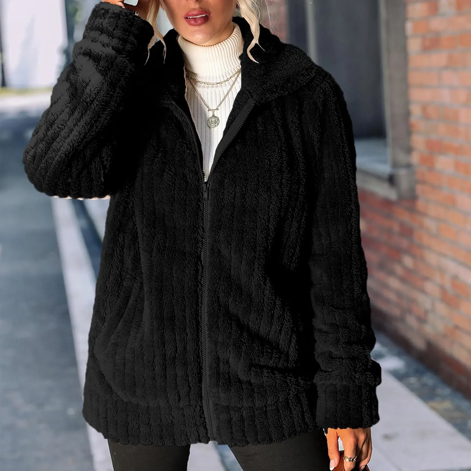 Women's Fleece Jacket Women Full Zip Long Sleeve Lapel Collar Sherpa Coat Outerwear with Pockets (S-5XL)