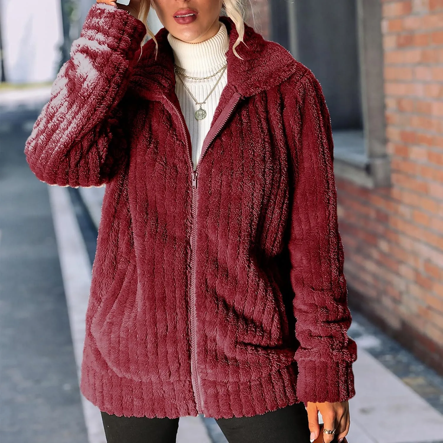 Women's Fleece Jacket Women Full Zip Long Sleeve Lapel Collar Sherpa Coat Outerwear with Pockets (S-5XL)