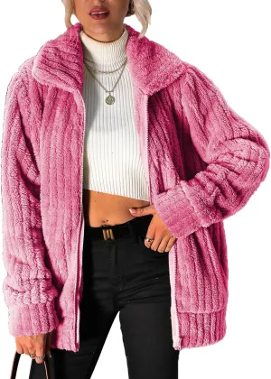 Women's Fleece Jacket Women Full Zip Long Sleeve Lapel Collar Sherpa Coat Outerwear with Pockets (S-5XL)