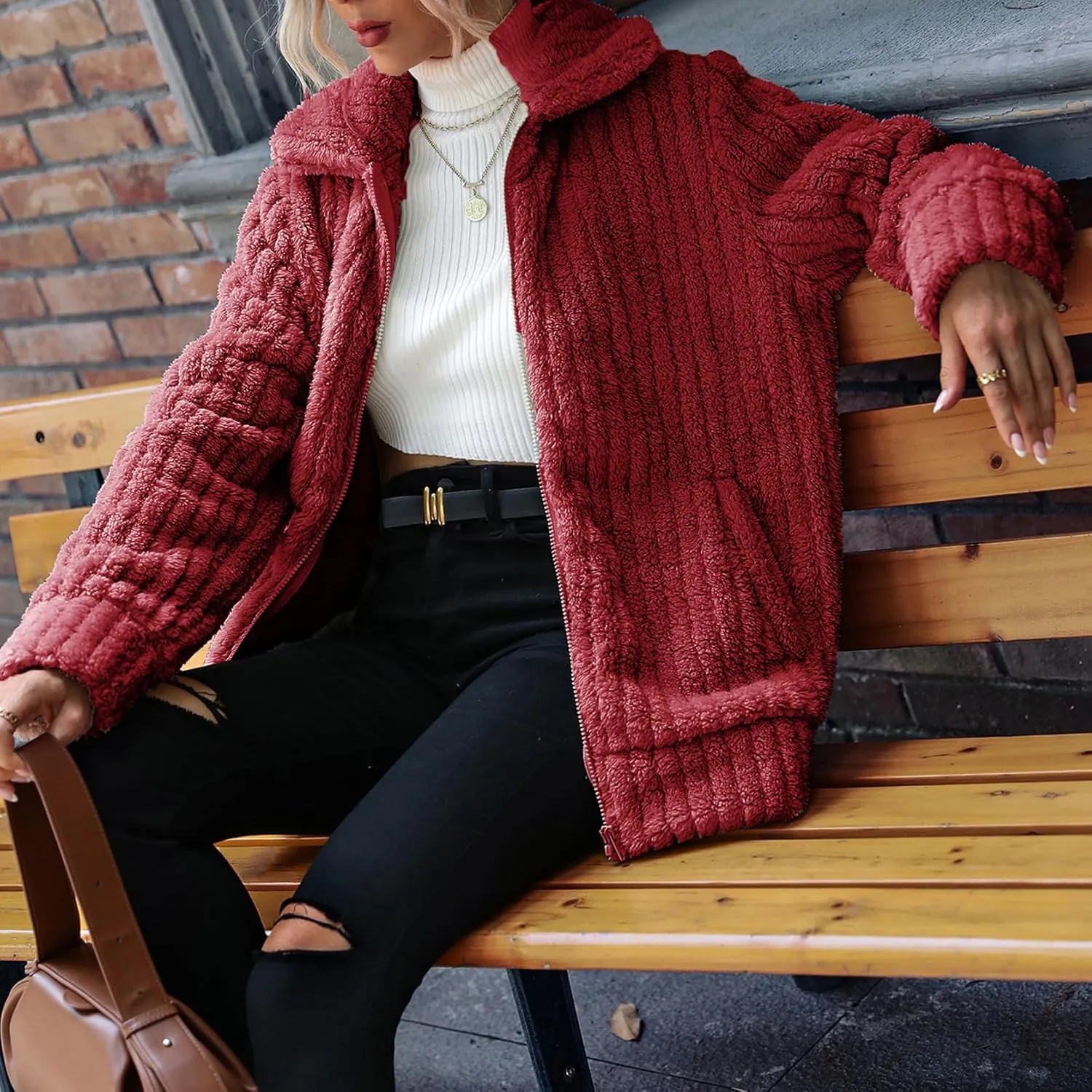 Women's Fleece Jacket Women Full Zip Long Sleeve Lapel Collar Sherpa Coat Outerwear with Pockets (S-5XL)