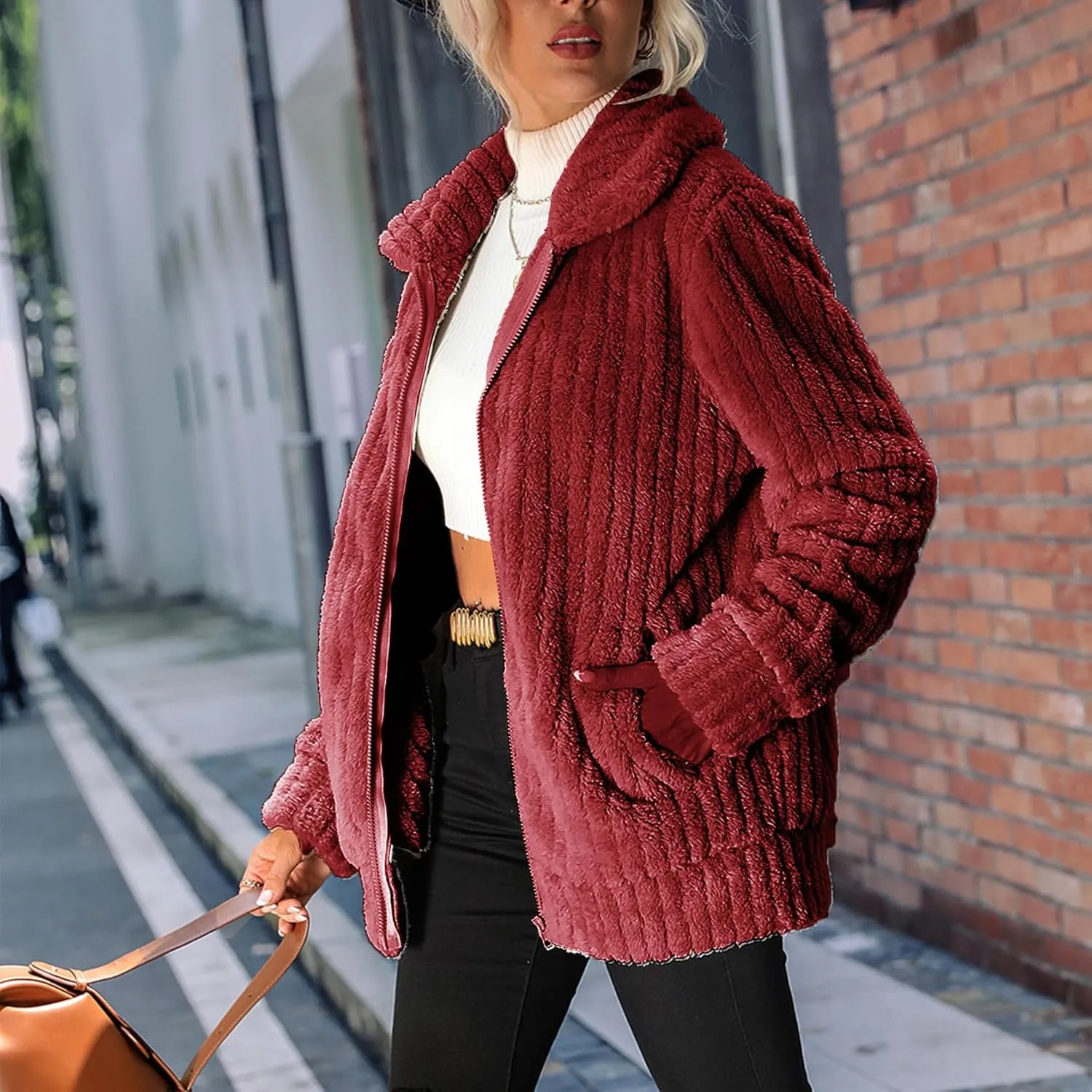 Women's Fleece Jacket Women Full Zip Long Sleeve Lapel Collar Sherpa Coat Outerwear with Pockets (S-5XL)