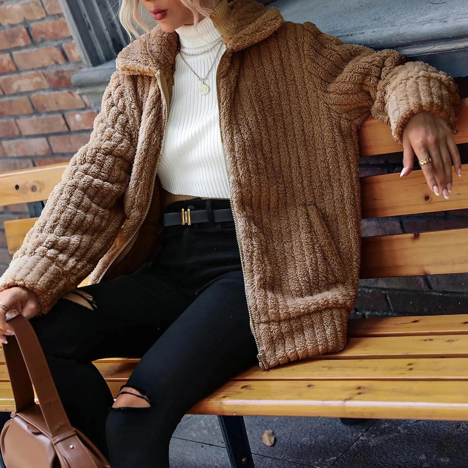 Women's Fleece Jacket Women Full Zip Long Sleeve Lapel Collar Sherpa Coat Outerwear with Pockets (S-5XL)