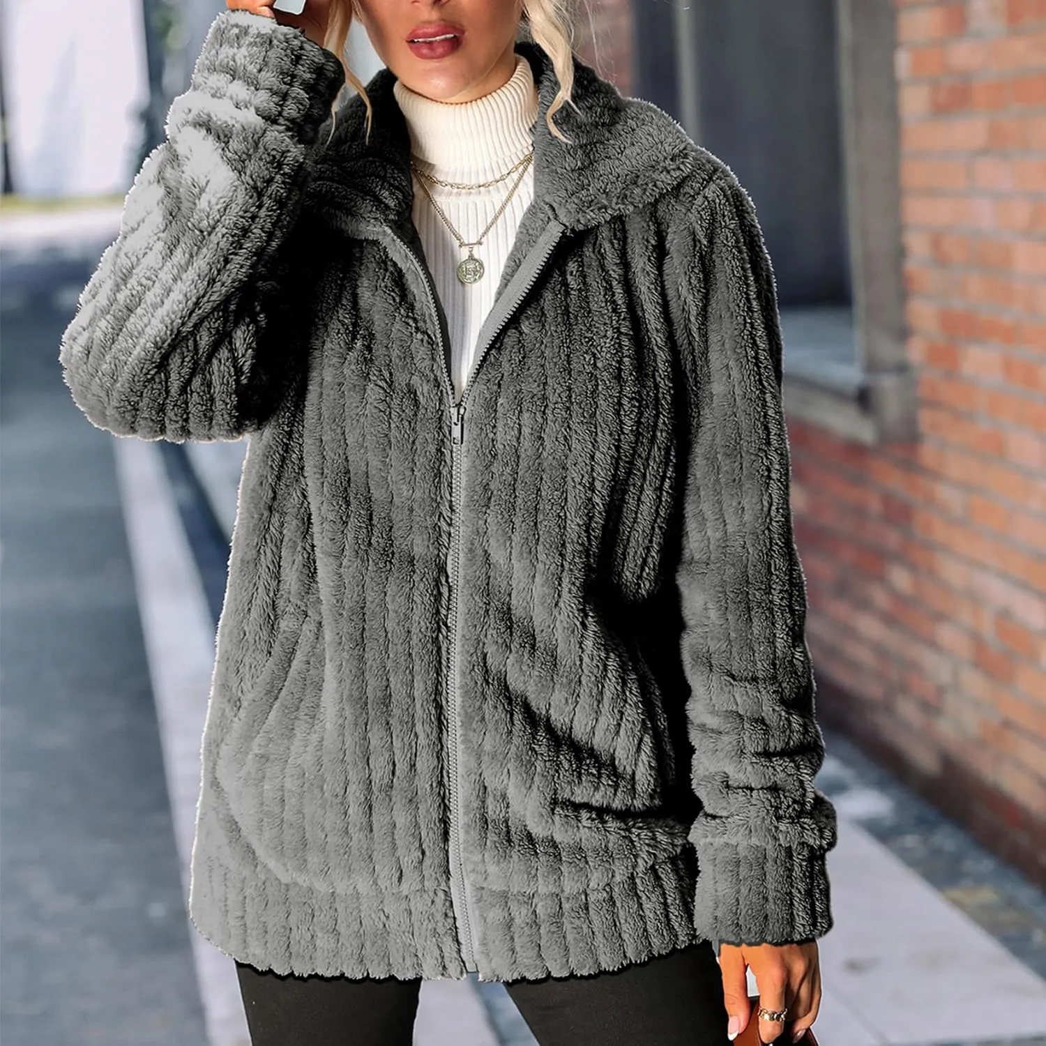 Women's Fleece Jacket Women Full Zip Long Sleeve Lapel Collar Sherpa Coat Outerwear with Pockets (S-5XL)