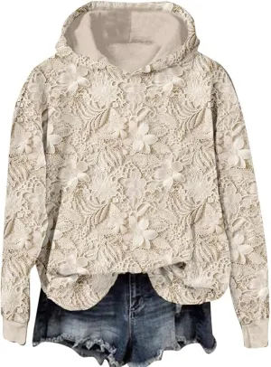 Women's Floral Lace Hoodie Oversized Pullover Sweatshirt Soft Casual Winter Fleece Hoodie Elegant Lace Lounge Top