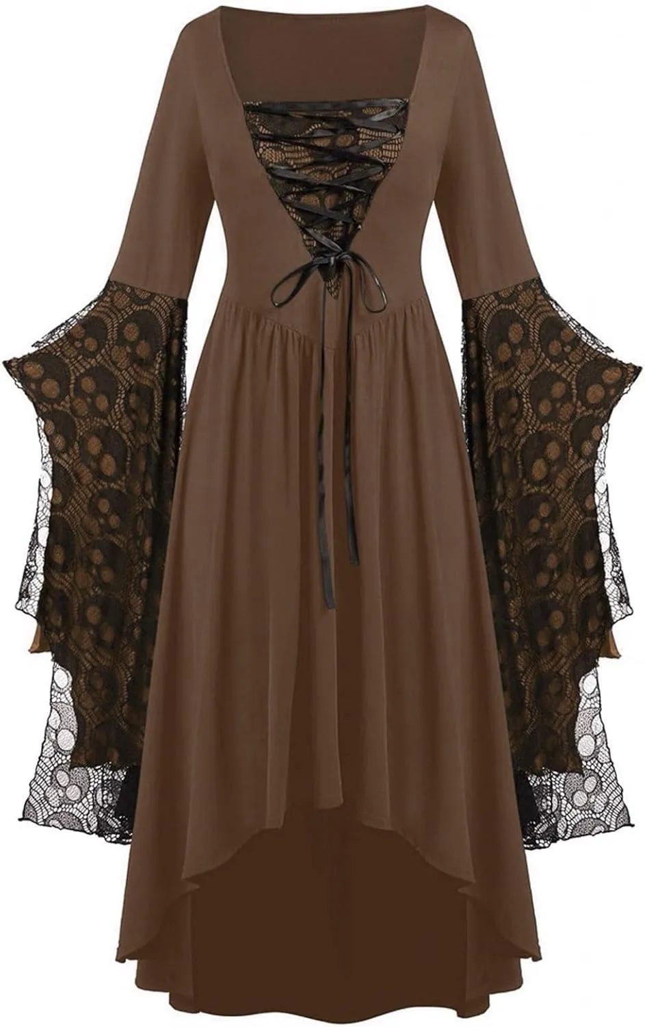 Womens Goth Gothic Dress Mesh 3/4 Dolman Bell Sleeve Medieval Grunge Dress Square Neck Maxi Long Dresses for Women 2025