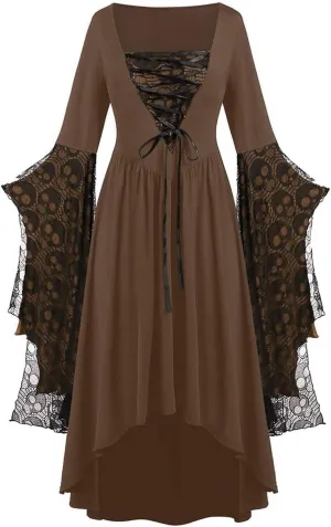 Womens Goth Gothic Dress Mesh 3/4 Dolman Bell Sleeve Medieval Grunge Dress Square Neck Maxi Long Dresses for Women 2025