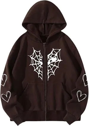 Women's Halloween Zip Up Hoodie Funny Spider Net Graphic Y2K Oversized Sweatshirt Goth Punk Jackets Streetwear