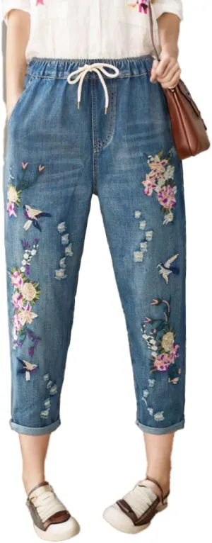 Womens High Waist Jeans Vintage Floral Embroidery Denim Pants Plus Size Drawstring Boyfriend Ripped Trousers