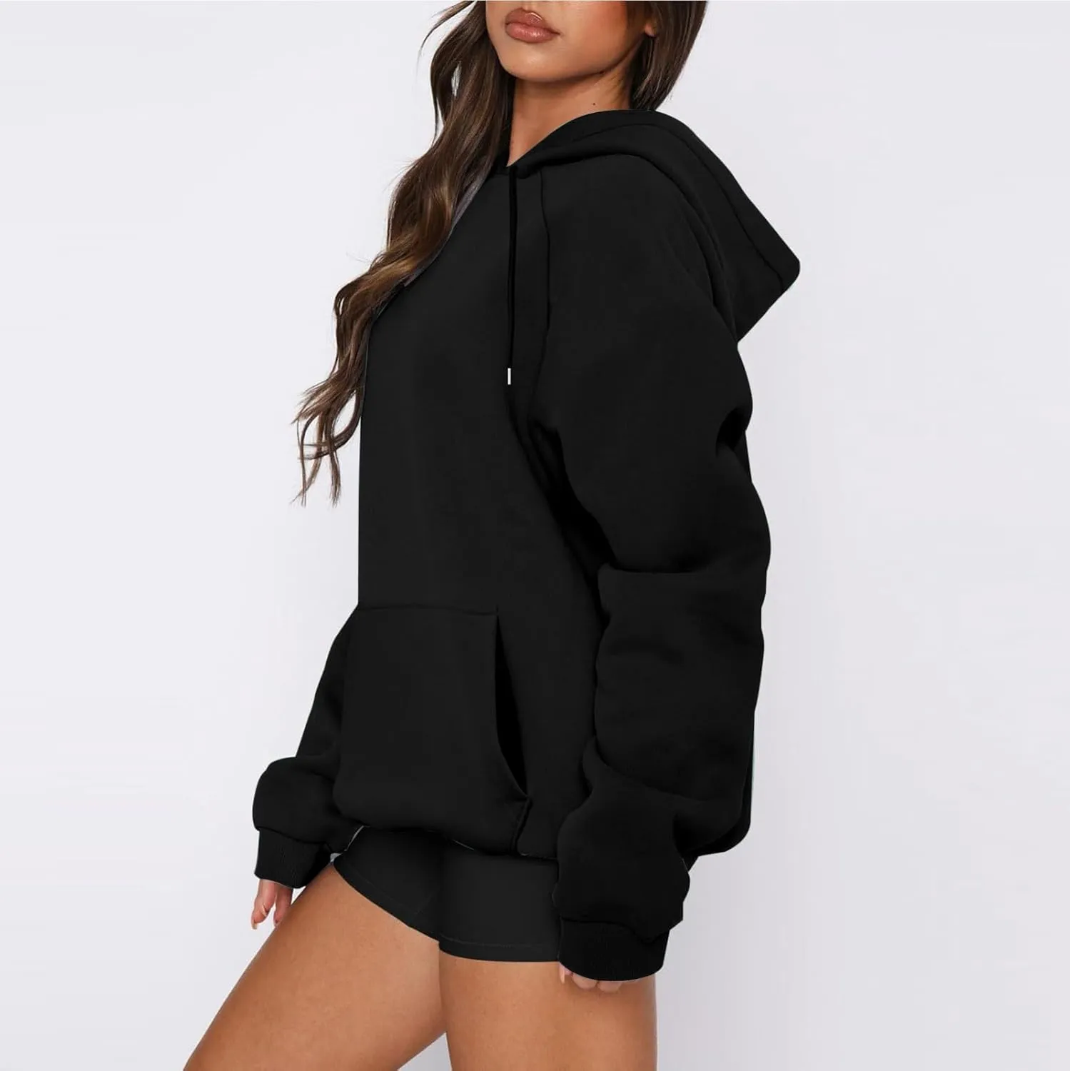 Women'S Hoodie 2024 Solid Color Fashionable Loose Fall and Winter Style with Velvet Long Sleeved Hoodie