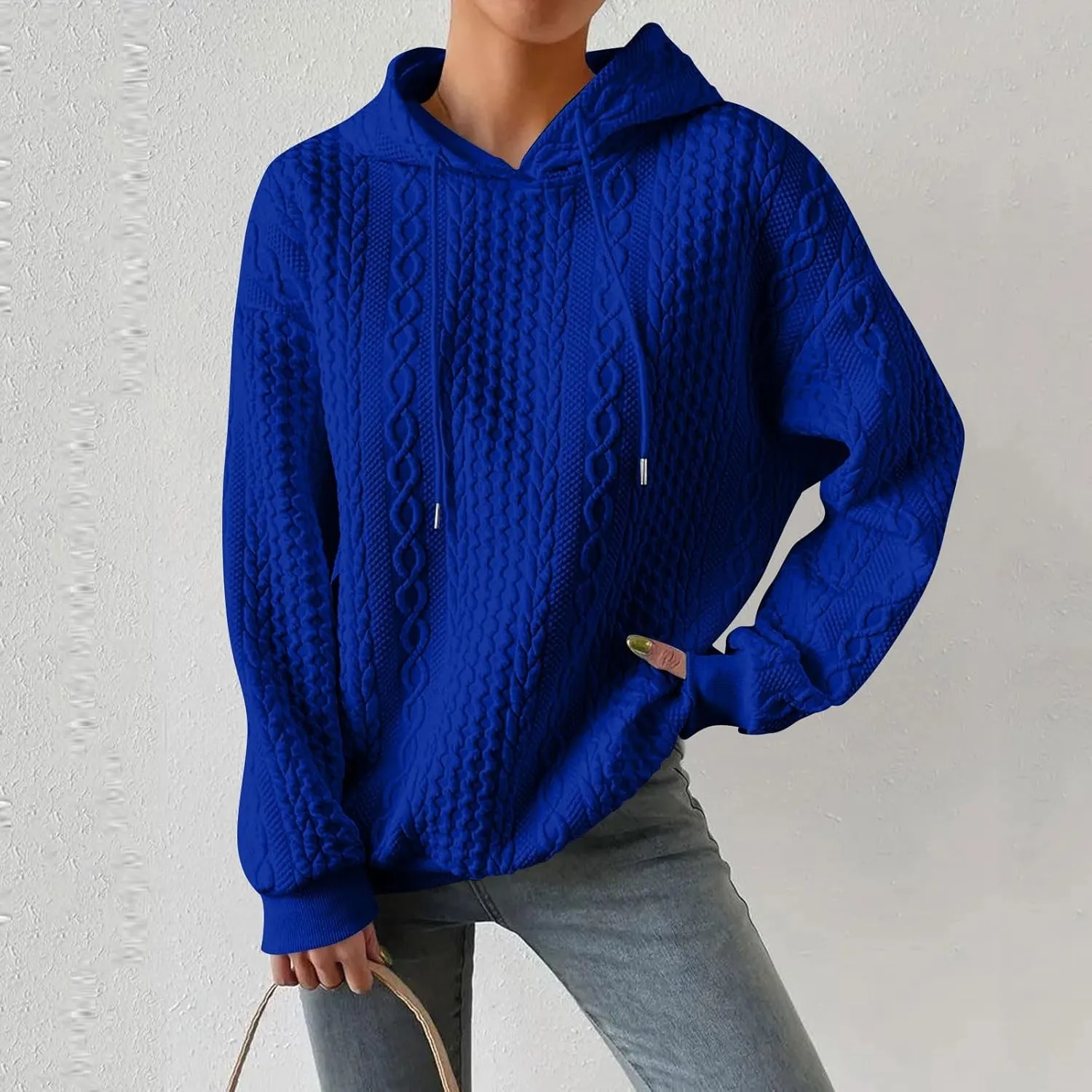 Womens Hoodies Cable Knitted Long Sleeve Drawstring Pullover Tops Loose Hooded Sweatshirt