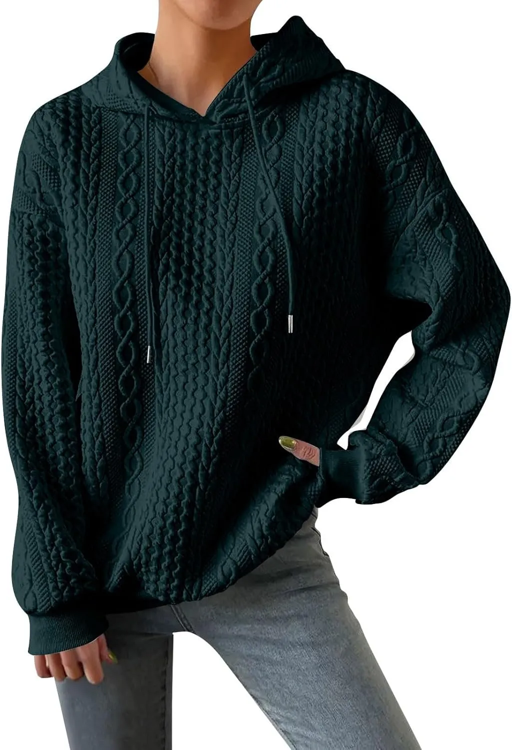 Womens Hoodies Cable Knitted Long Sleeve Drawstring Pullover Tops Loose Hooded Sweatshirt