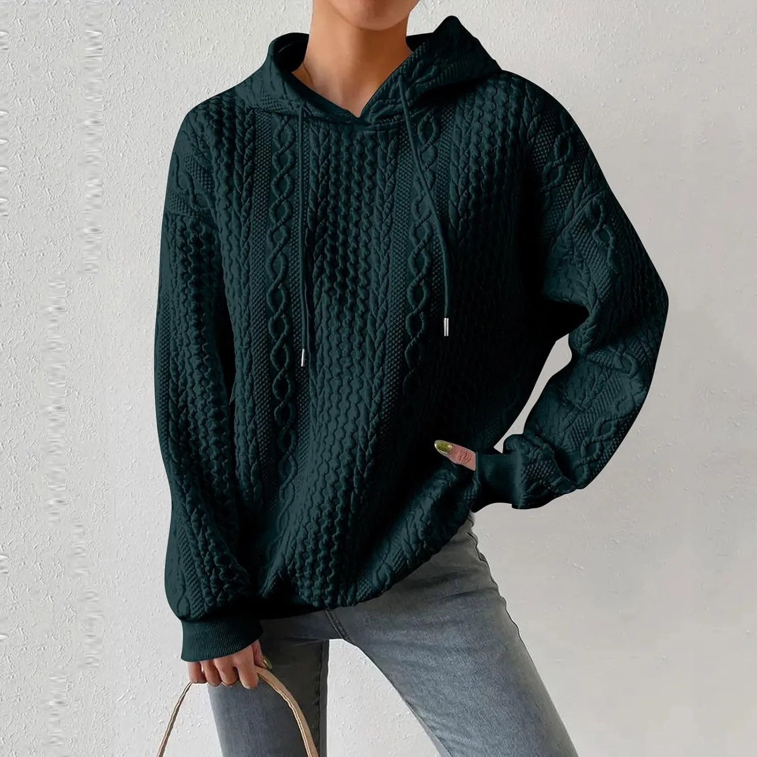 Womens Hoodies Cable Knitted Long Sleeve Drawstring Pullover Tops Loose Hooded Sweatshirt